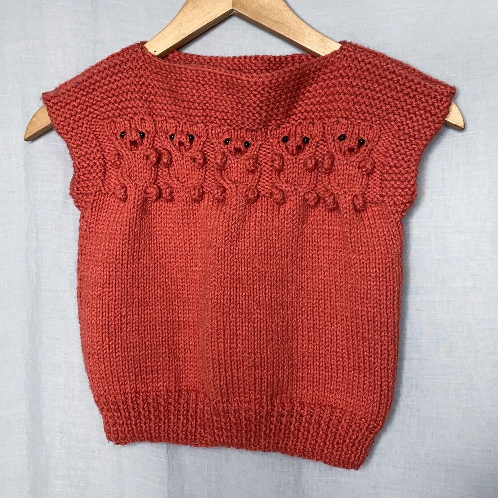 Vintage Handmade Crotched/Knitted Child Sleeveless Spring Sweater Vest  Coral